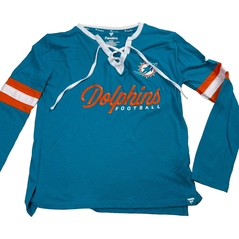 Fanatics Shirt Women's Small Blue Miami Dolphins Football Team Lace‎ Up Neck
